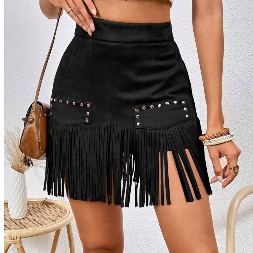 BellanBlue Brown Fringed Mini Skirt Night Out - Picture 3 of 8